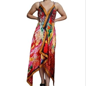 Vintage Silk Multicolor Floral Halter Open Back Maxi Dress Size 10